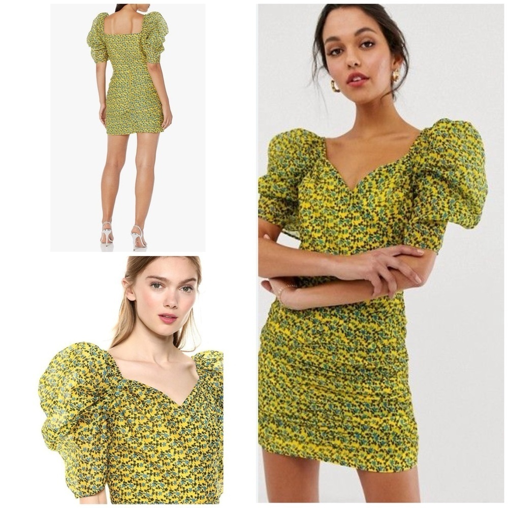 NWOT C/Meo Collective Floral Yellow Come Across Puff Sleeves Wrap Mini Dress XS‍